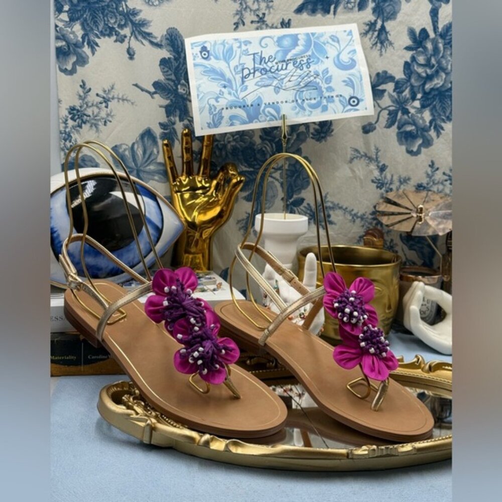 🆕 CHICO'S 🧿 NWOB Sunset Flower Sandal, Pink Hand Beaded Flower Detail - Sz 7US - Picture 4 of 13